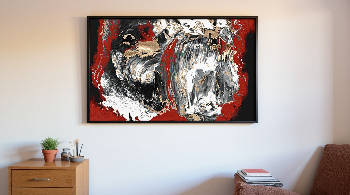 Abstract painting with red, black, and gold colors on a wall in a room.