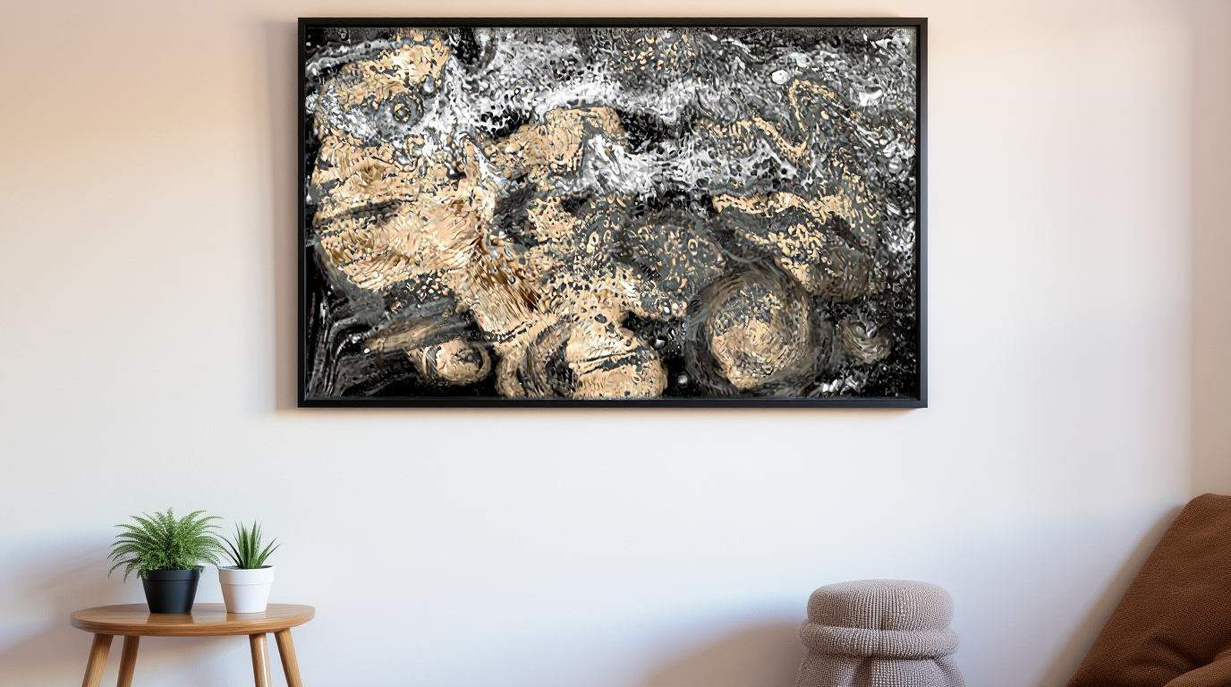 Abstract space black and gold painting in a modern living room setting