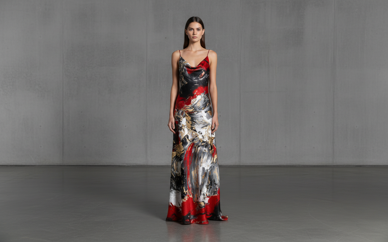 Model wearing a floor-length sleeveless silk gown. The fabric is printed with a bold abstract design of thick red and black brushstrokes and shimmering gold leaf textures. The model is posed in a minimalist concrete gallery. The silk has a subtle sheen, catching the light on the metallic gold accents