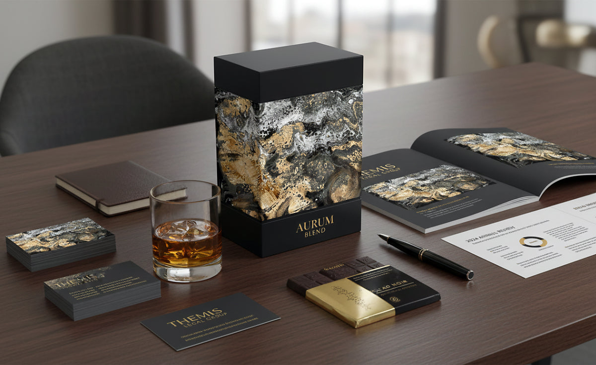 corporate identity (business cards, annual reports), law firms, premium packaging design (whiskey, chocolate boxes)
