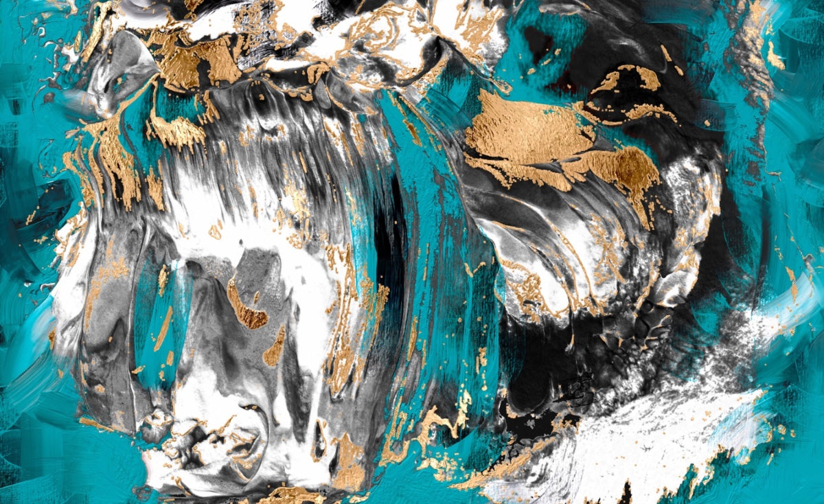 A dynamic interplay of deep teal, stark black, pristine white, and shimmering gold, creating a luxurious and energetic contrast