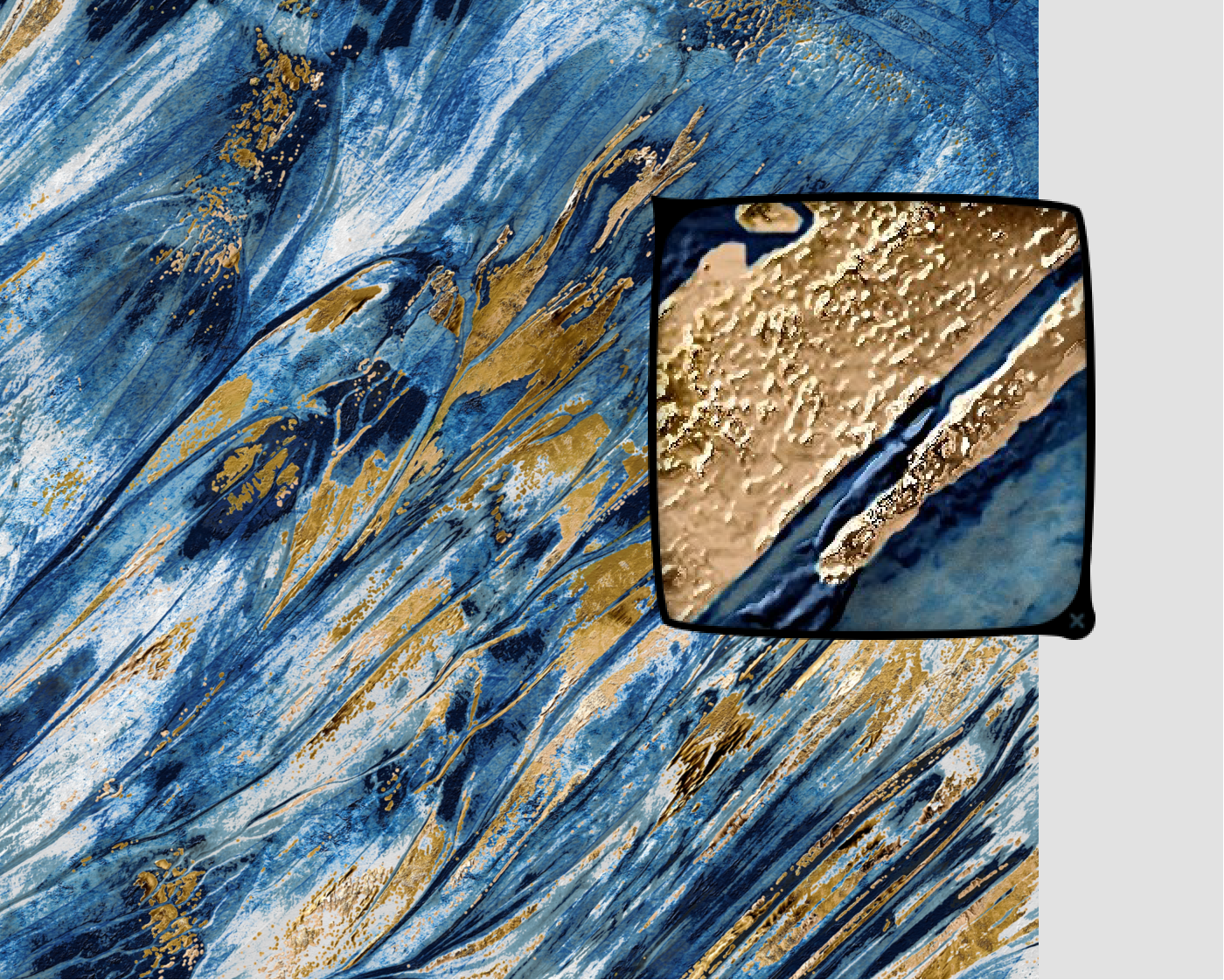 A high-resolution abstract texture featuring dynamic swirls of deep navy, cerulean blue, and crisp white, accented by textured metallic gold leaf veins. A zoomed-in inset highlights the three-dimensional, embossed quality of the gold pigments and the fine grain of the artistic medium