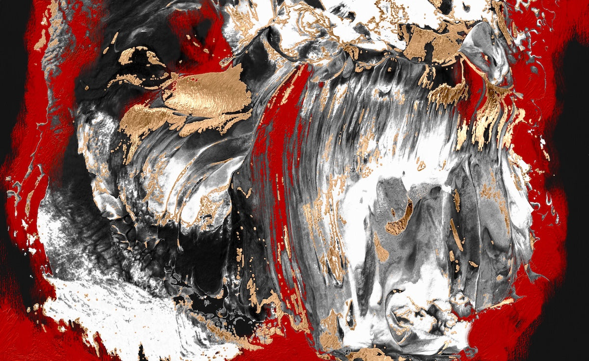 Thick, impasto-like brushstrokes with a fluid, marbled effect. Areas of metallic sheen suggest gold, contrasting with matte and slightly glossy black and red sections