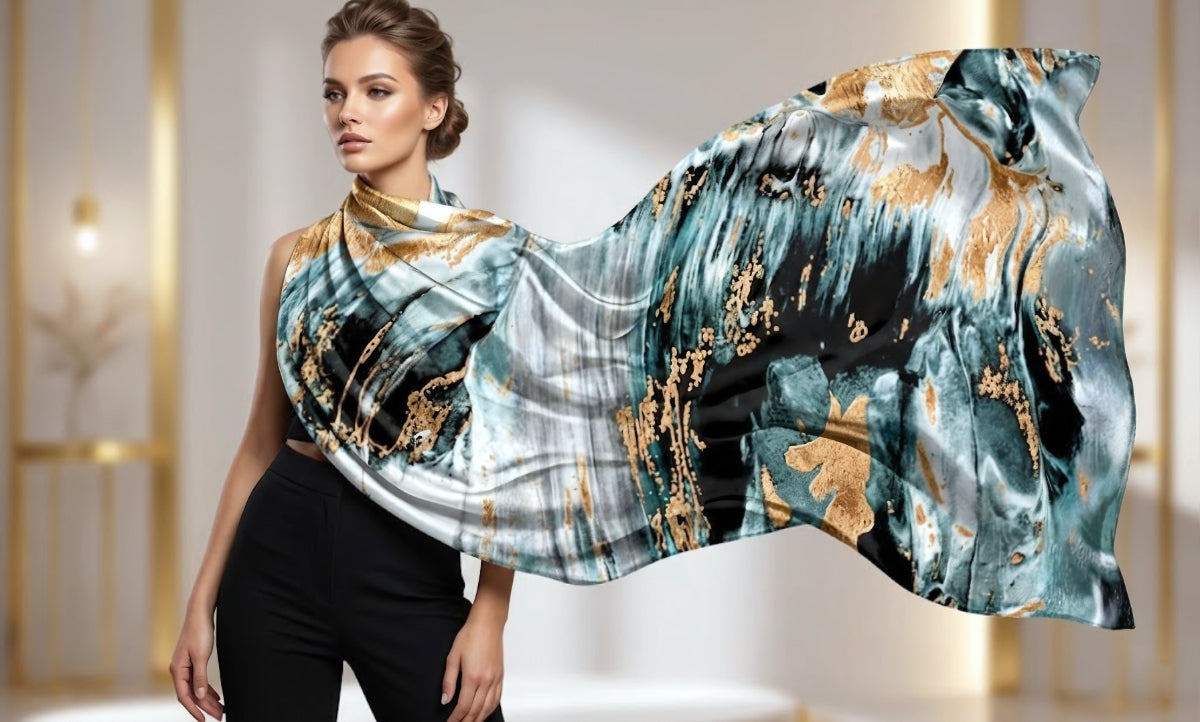 A fashion model wearing a flowing silk scarf with the 'Gilded Midnight' abstract art pattern