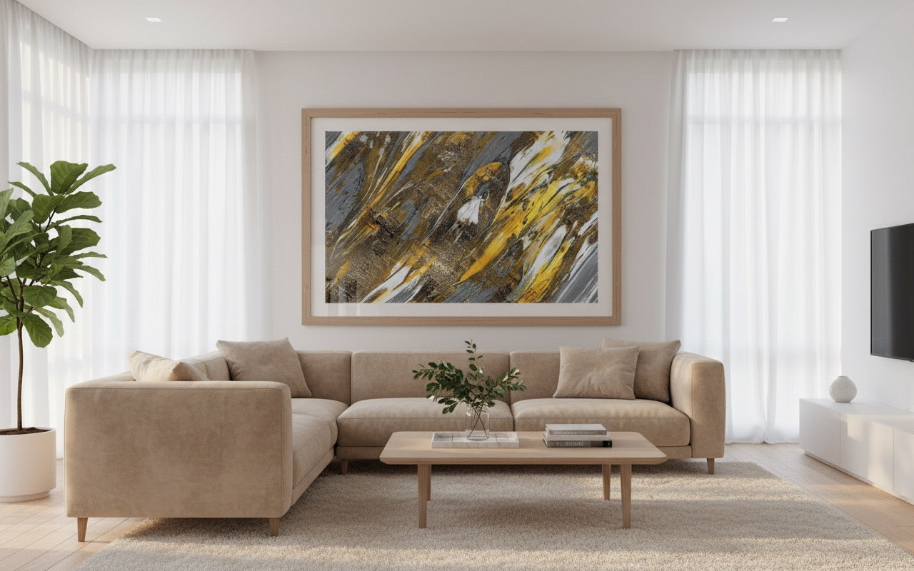 Modern living room interior with large framed abstract art on white wall, beige furniture, soft morning light, interior design photography