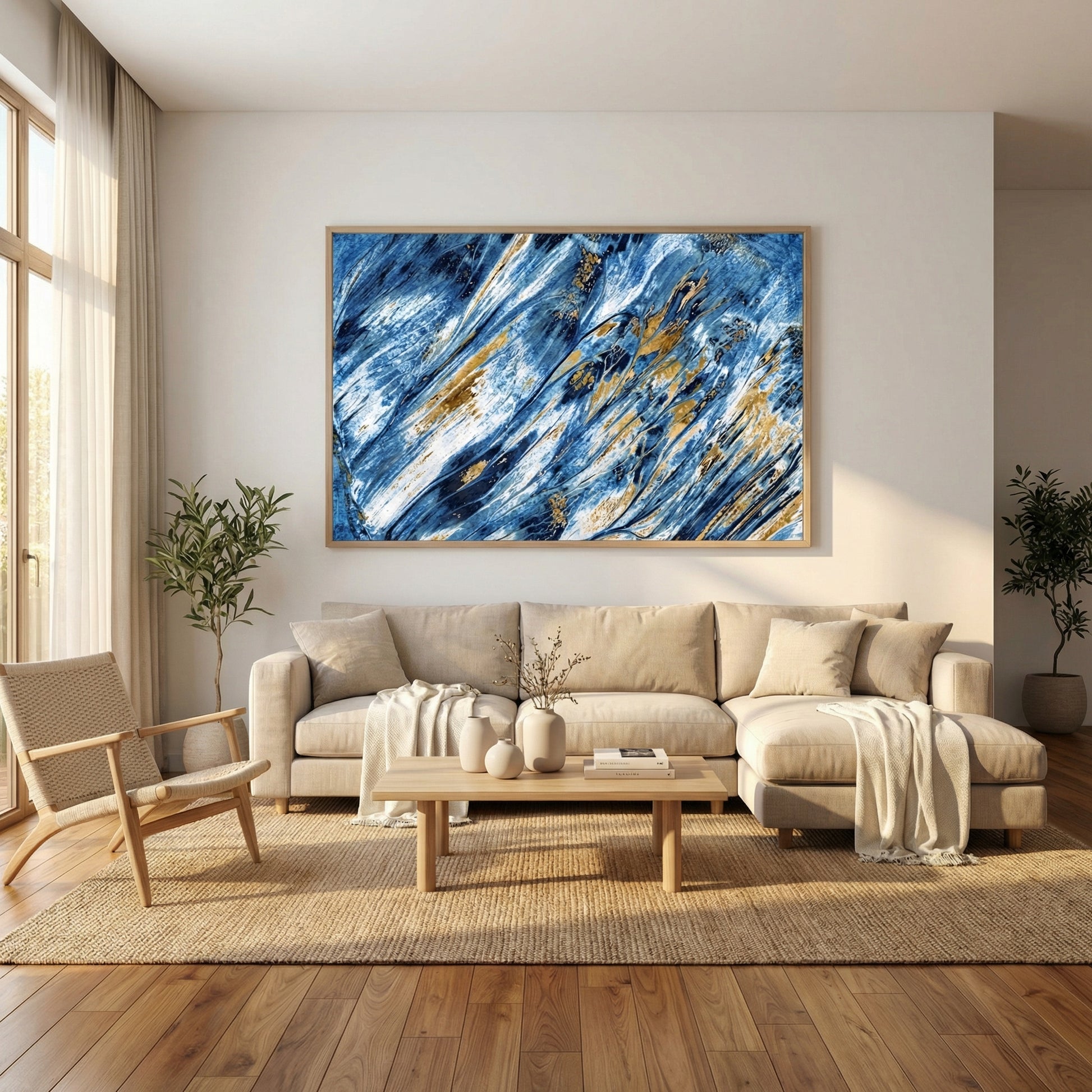 Golden Tides abstract art print in modern living room interior with beige furniture and natural light