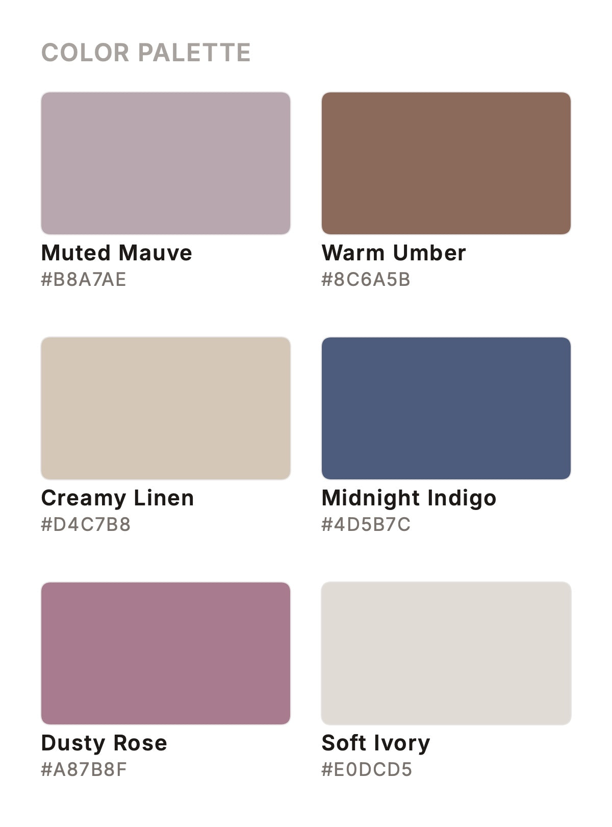 sophisticated palette focusing on muted mauves, warm taupes, deep indigos, and creamy whites, suggesting a quiet elegance with subtle depth