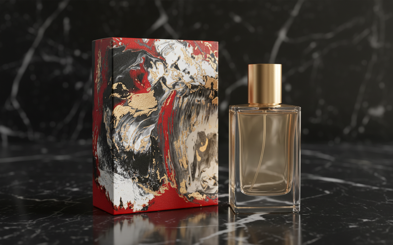 A premium rectangular perfume box mockup resting on a polished black marble surface. The box is wrapped in a vibrant abstract pattern of thick red, white, and black paint swirls with tactile, shimmering gold foil accents.
