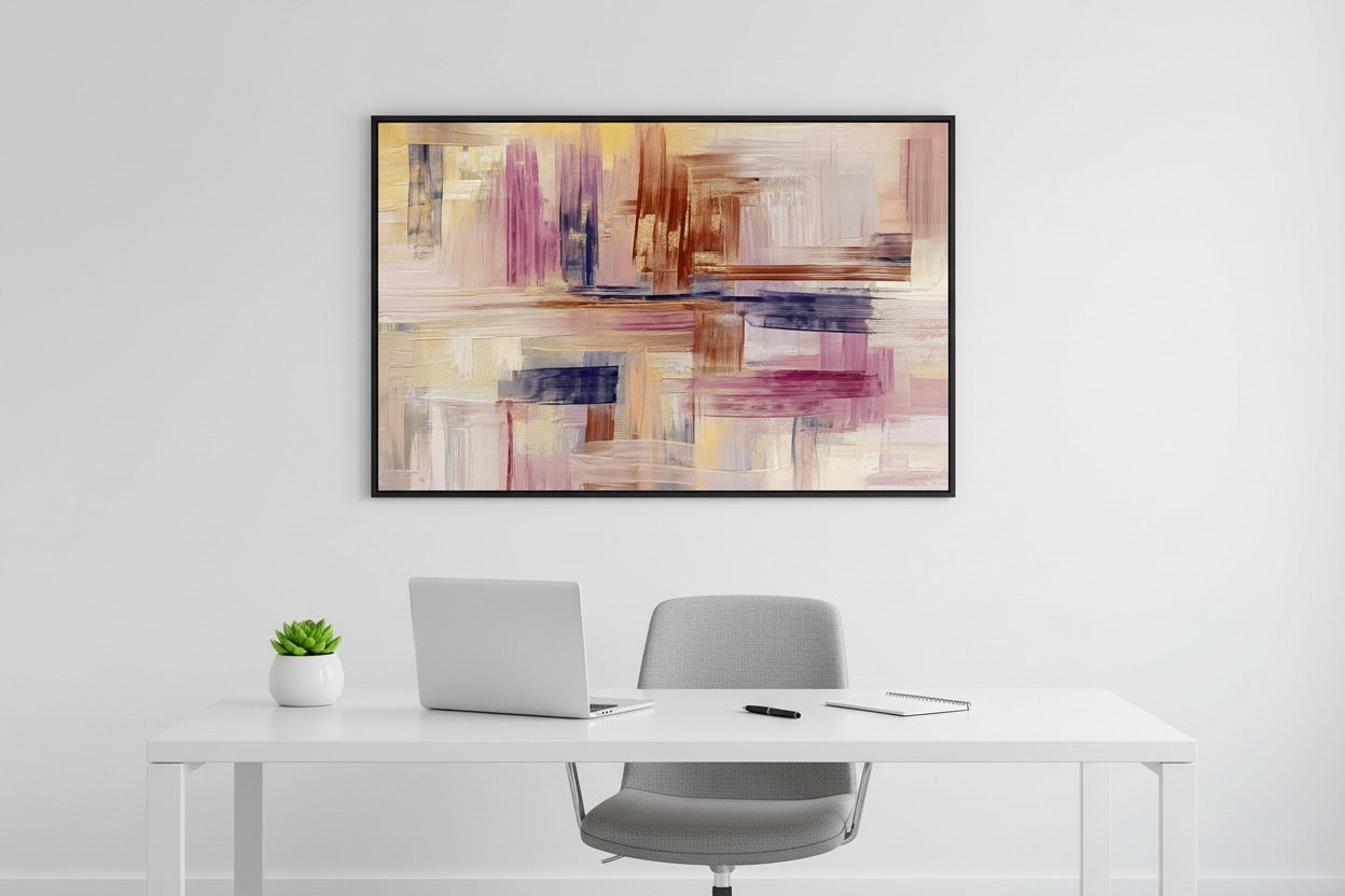 minimalist home office desk setup, poster frame on wall with abstract art, plants, daylight, cozy atmosphere