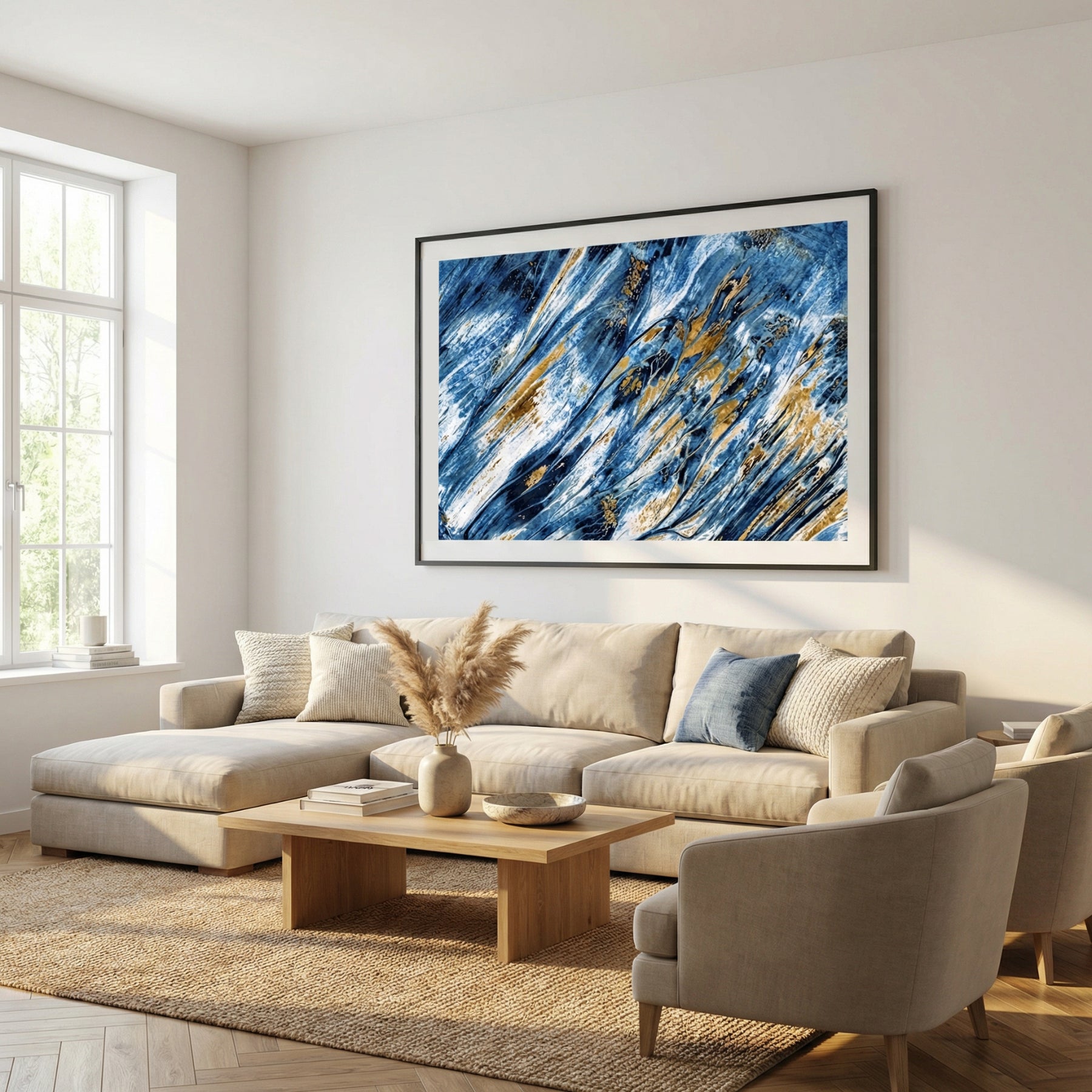 Large framed Golden Tides abstract artwork displayed in elegant modern living room with soft morning light